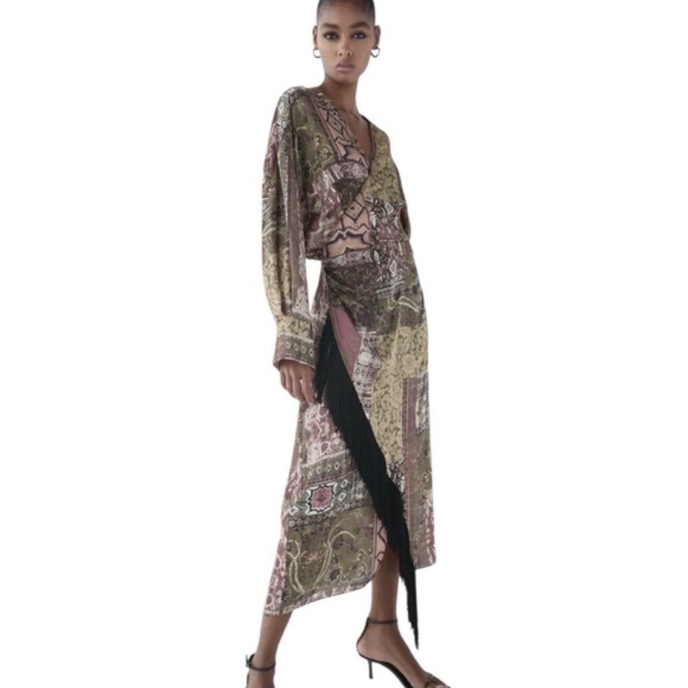 NWT Zara Satin Paisley Tribal Fringed Faux Wrap Midi Dress